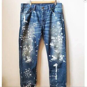 Artsy Free People NSF Blue Straight Slouch Jeans in Painterly Paint Splatter 28
